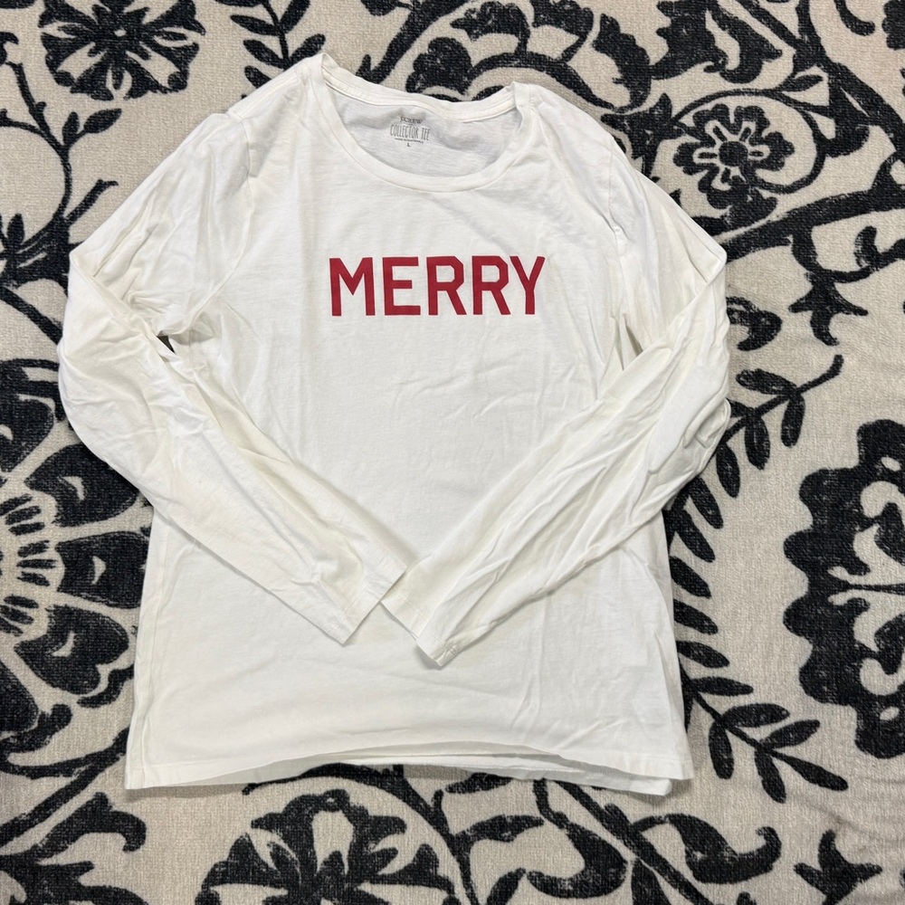 J. Crew White Long Sleeve Tee with Red 'Merry' Print